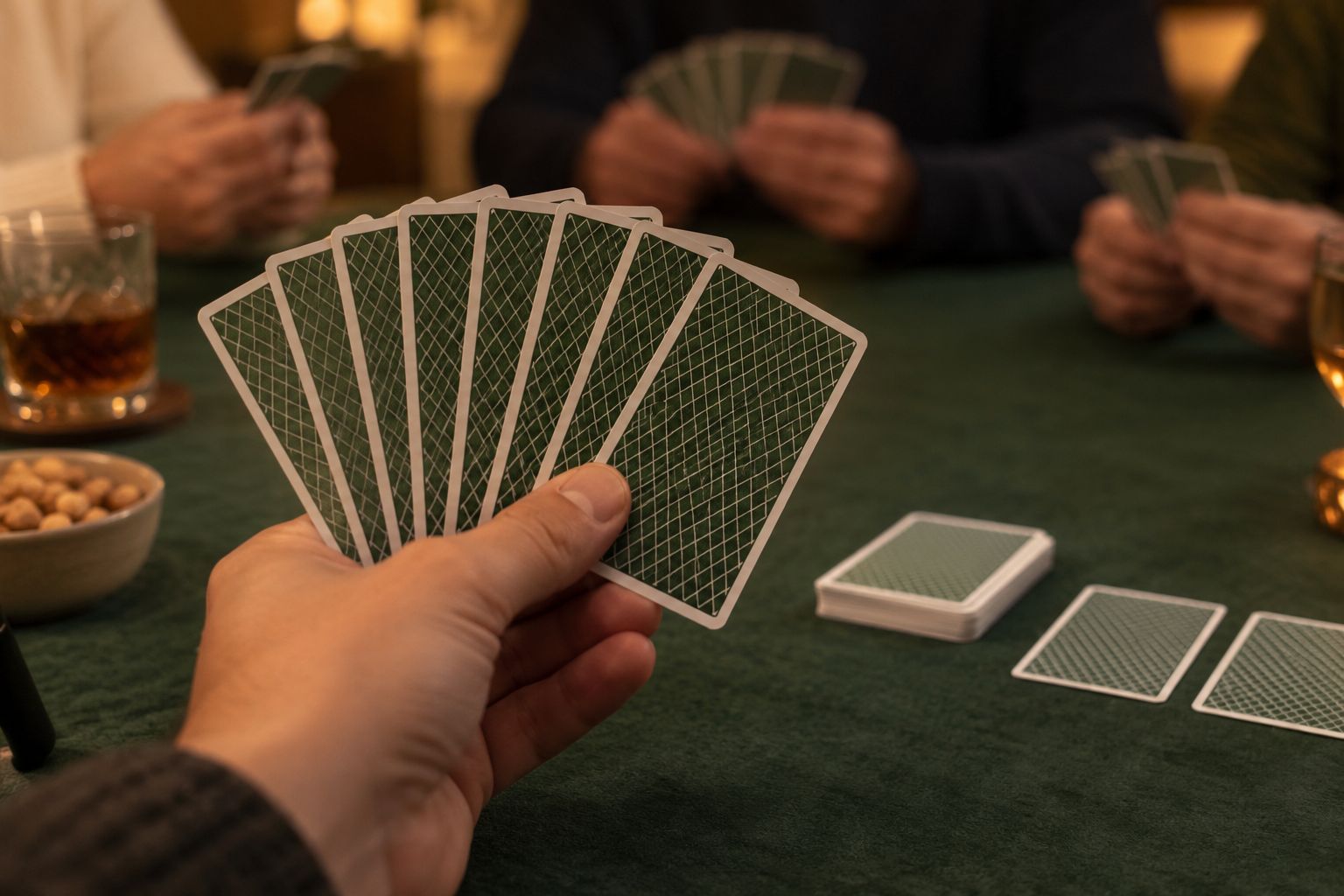 A hand of playing cards held over a green felt table, with other players holding their cards in the background.
