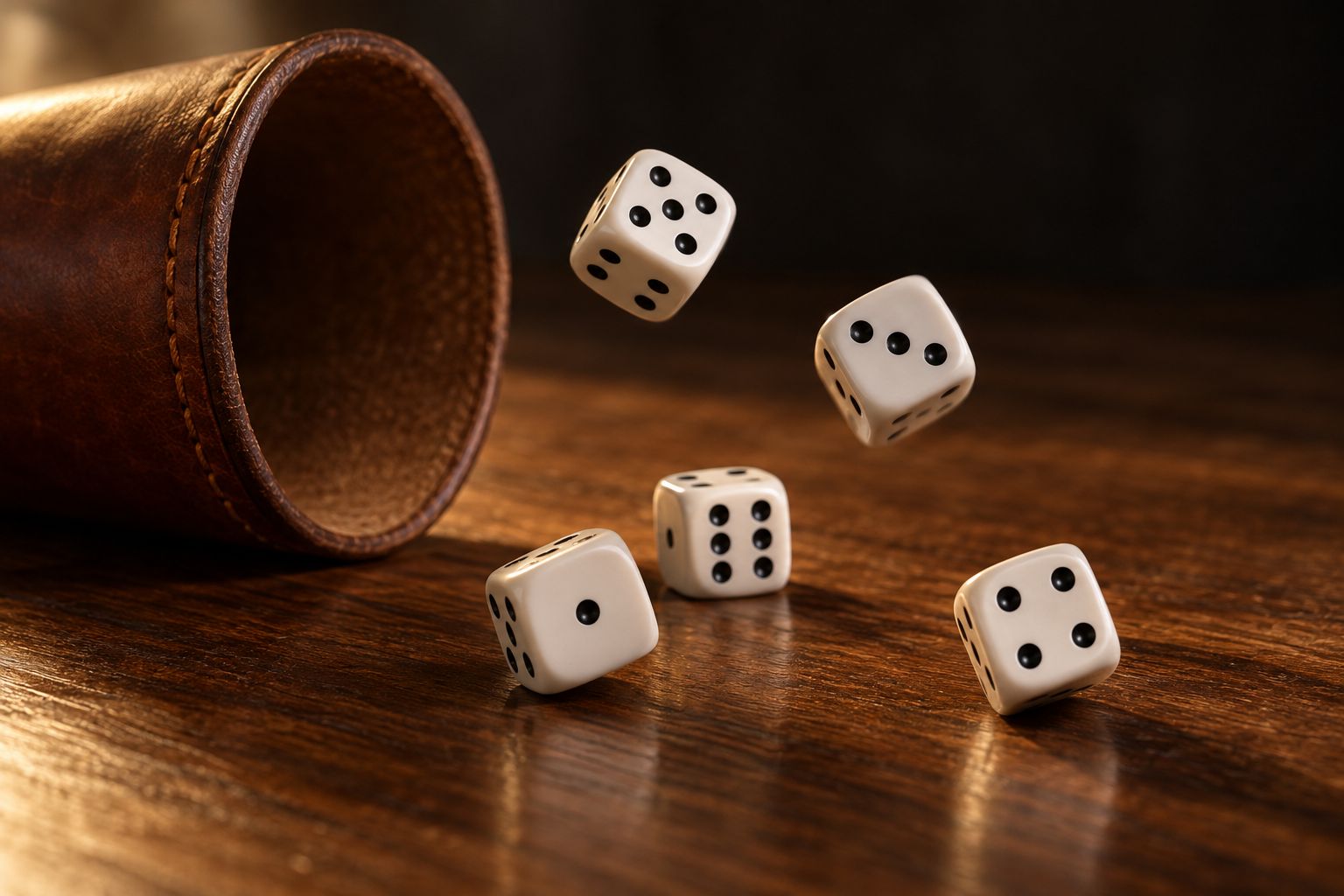 Five white dice tumbling out of a leather dice cup onto a wooden table.